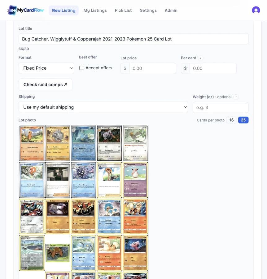 Set the price for the whole lot and preview the photo grid buyers will see. Enter your own price before publishing.