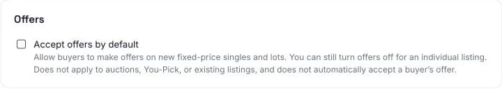 Check Accept offers by default under Offers, then Save settings. The screenshot shows where to find the option; it is not enabled in this example.
