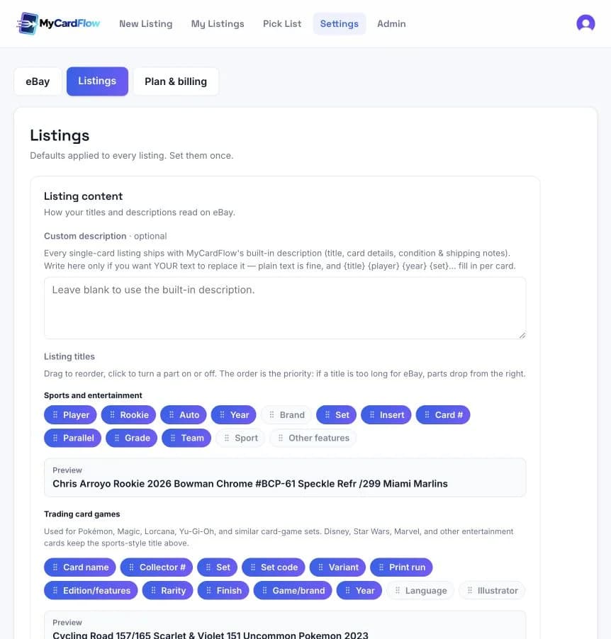 Customize descriptions and the title builders for sports/entertainment cards and trading card games.