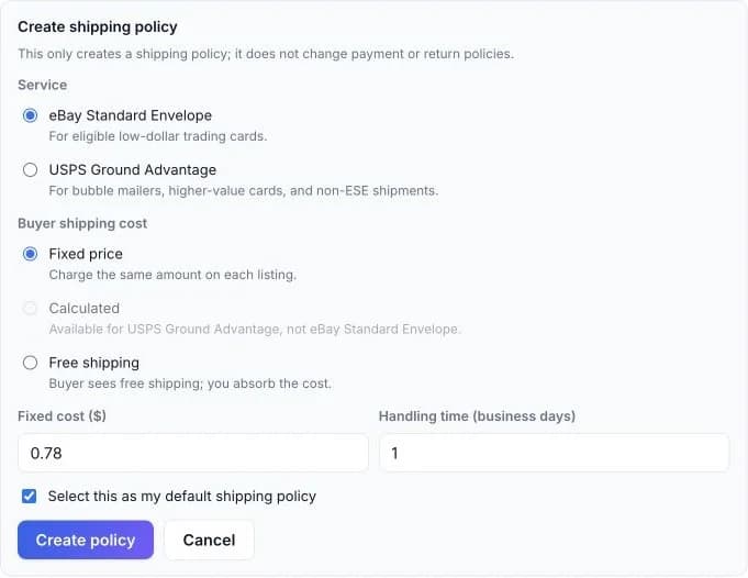 The shipping-policy form. Amounts shown are examples, not a postage quote; choose costs and handling time that fit your shipments.
