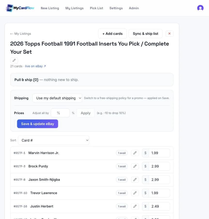 Add cards, sync sold quantities, and update prices from the You-Pick management page.