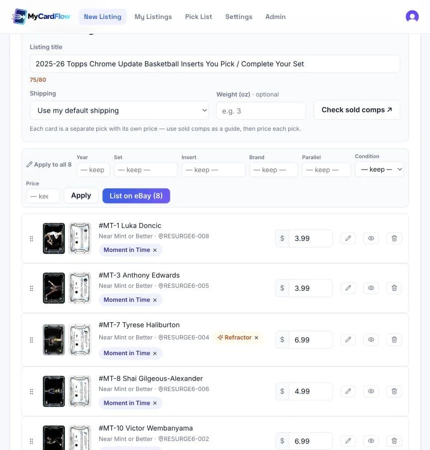 Review each choice and its price. Locations help you find the correct physical card when it sells.