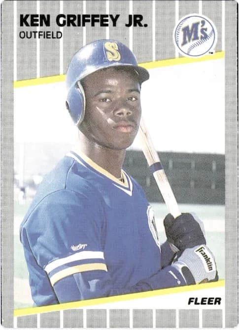 A 1989 Fleer Ken Griffey Jr. rookie card, photographed.
