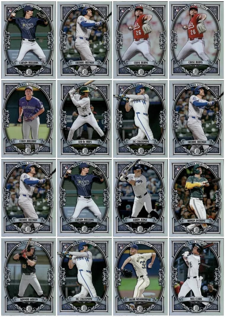 A grid photo of sixteen cards assembled automatically into a single bulk-lot listing.