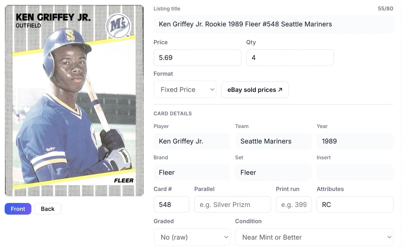 A 1989 Fleer Ken Griffey Jr. rookie with every listing field filled in automatically.