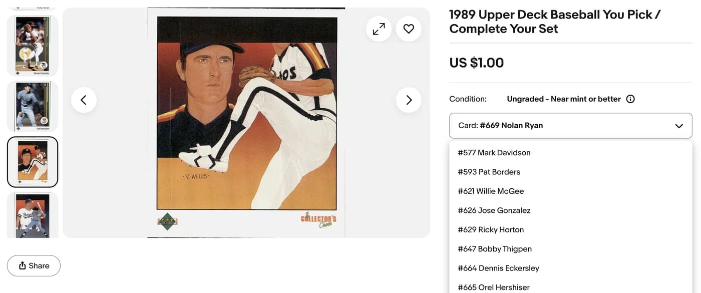 A You-Pick listing where the buyer selects a card from a numbered dropdown.